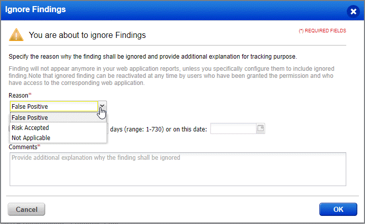 Ignore Findings window with various options in the Reason drop-down menu to ignore a finding.