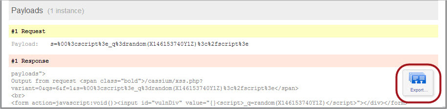 Export option in the payload response window.