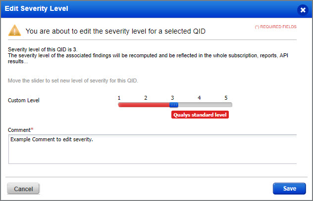 Slide the slider to define a new severity for the vulnerabiity.