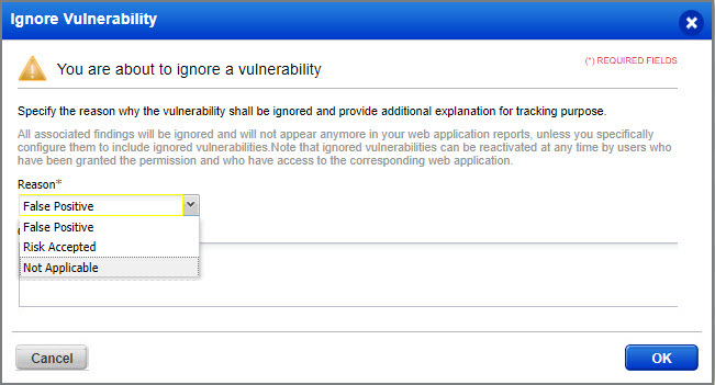 Choose the reason to mark a vulnerability to be ignored.