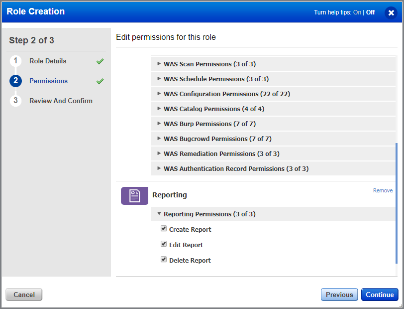 List of various permissions related to reports in WAS.