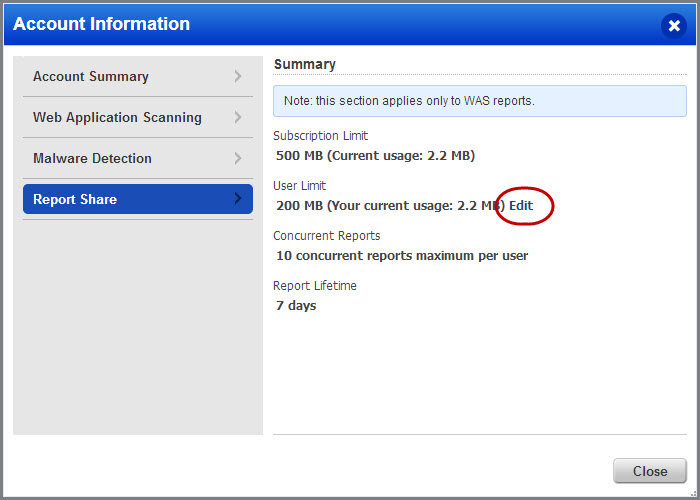 Edit link for the User Limit field in the Summary section of the Report Share pane allows you to change user limit.