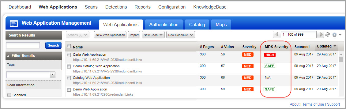 MDS Severity column indicating the severity of the malware detected.