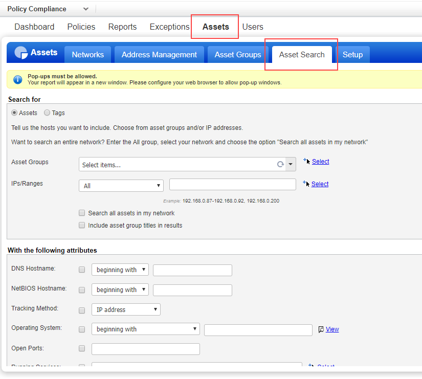 Asset Search tab under Assets