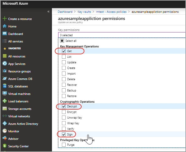 Get, Decrypt and Sign permissions enabled for the application under Secret permissions in Add access policy.