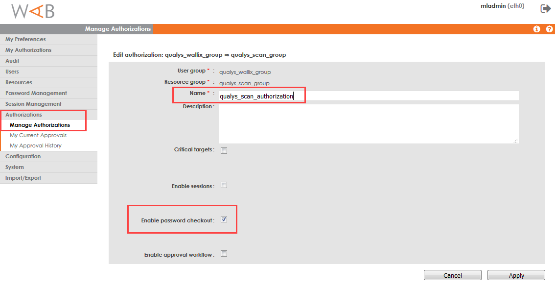 WAB vault authorization settings