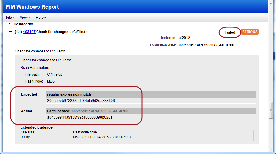 File Integrity check in report with Failed status