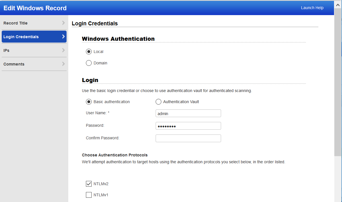 Windows record with user name and password